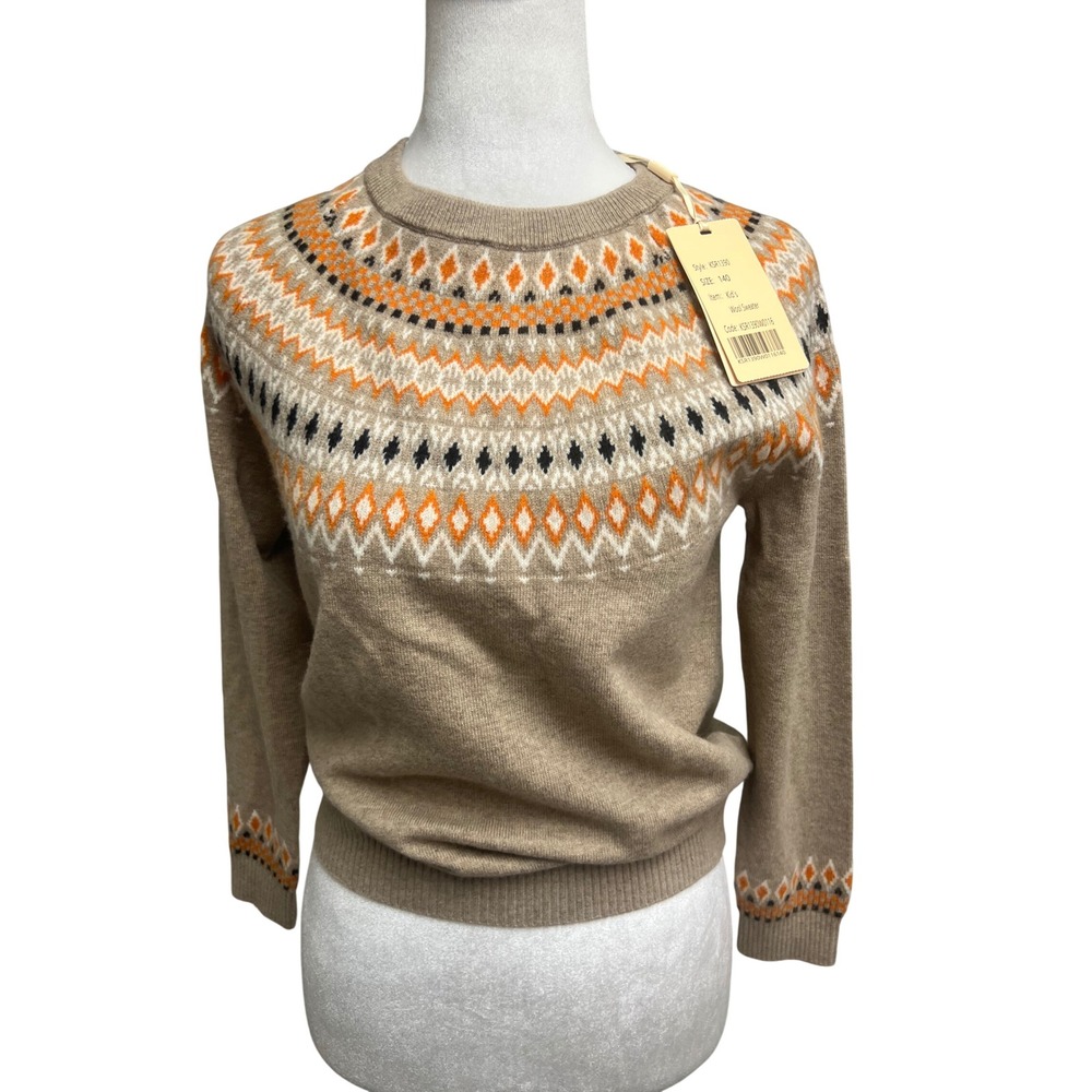 Como Boca Wool Sweater Kids Crewneck Fair Isle Tan Orange Sz 10 Preppy Fall Cozy